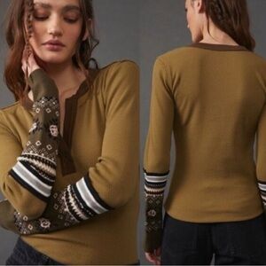 Free People Olive and Brown Patterned Long Sleeve Top